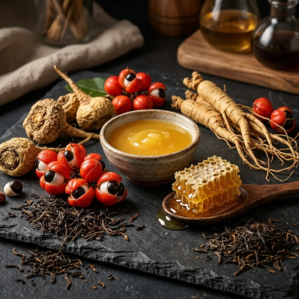 Bodegón de ingredientes de Passion: guaraná fresco, jalea real pura y raíz de jengibre.