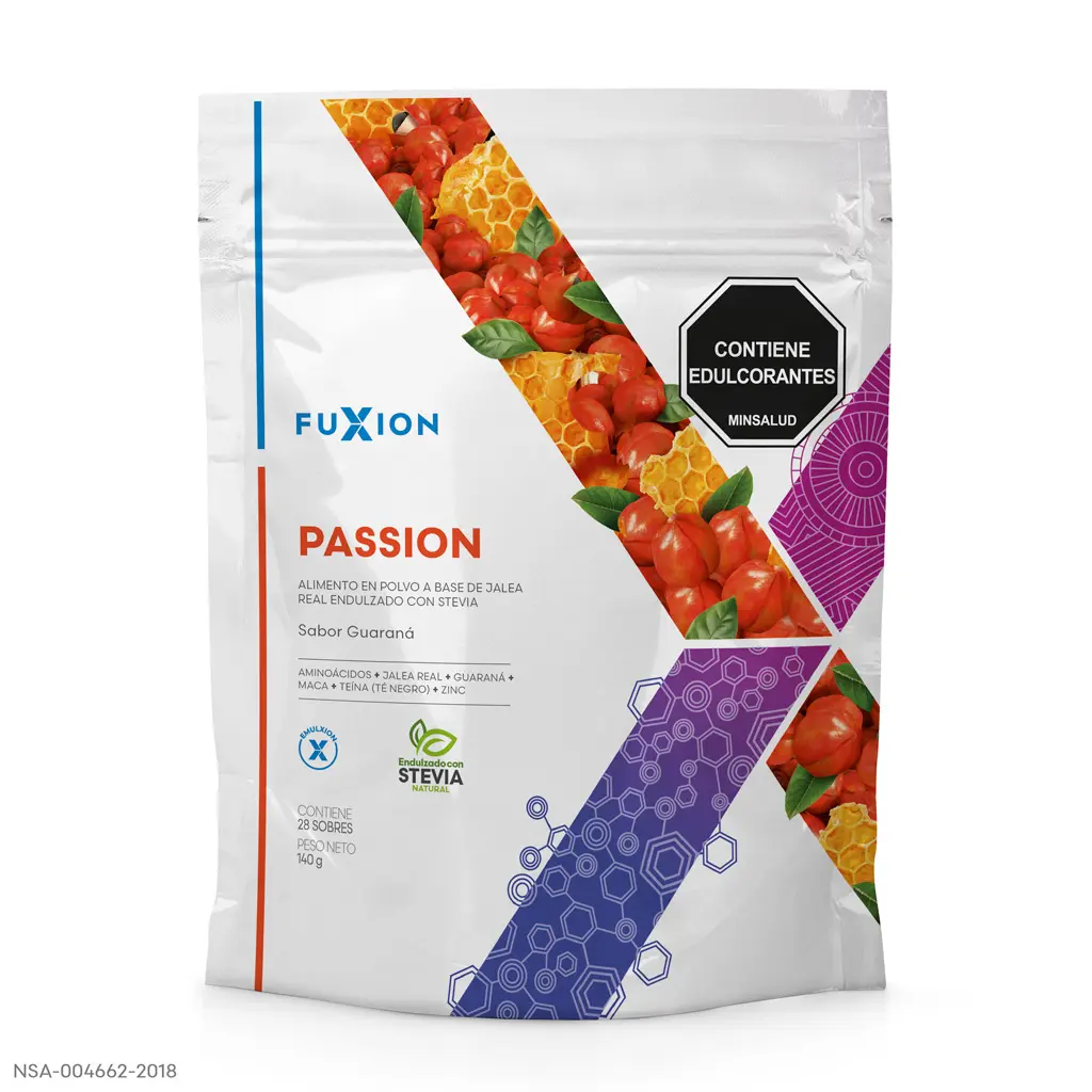 Caja y sobres oficiales de Passion de FuXion, bebida para vigor y vitalidad.