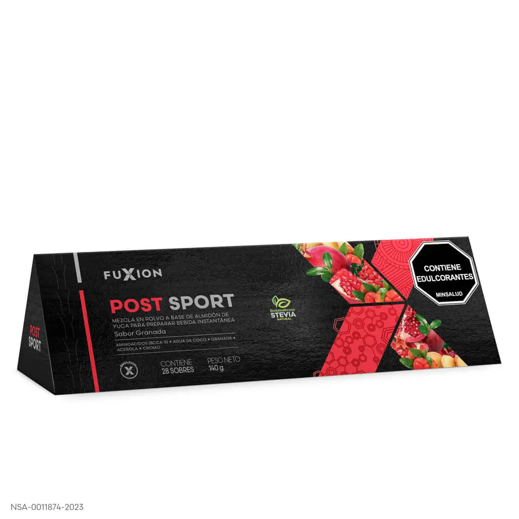 Caja y sobres oficiales de Post Sport de FuXion, bebida pos-entrenamiento.