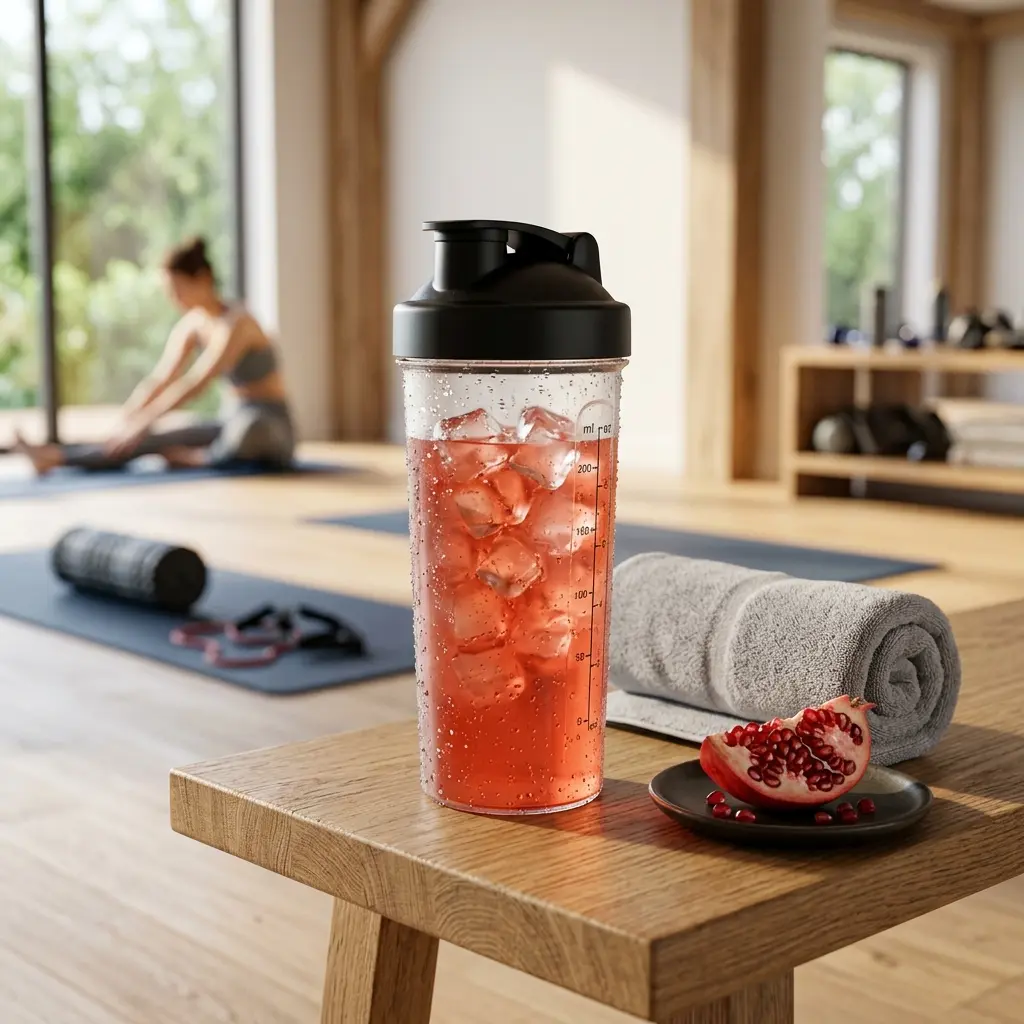 Vaso de Post Sport servido junto a toalla deportiva para la recuperación muscular.