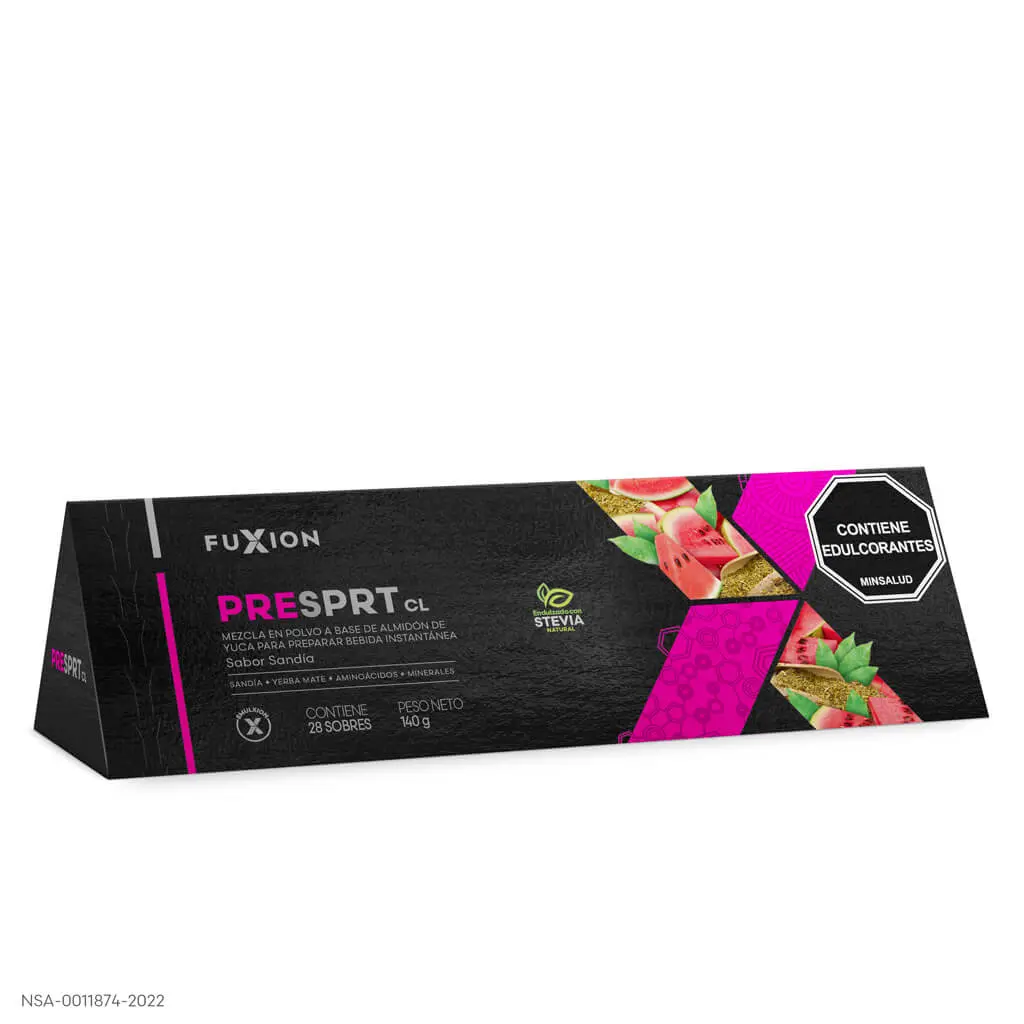 Caja y sobres oficiales de Pre Sport de FuXion, bebida pre-entrenamiento.