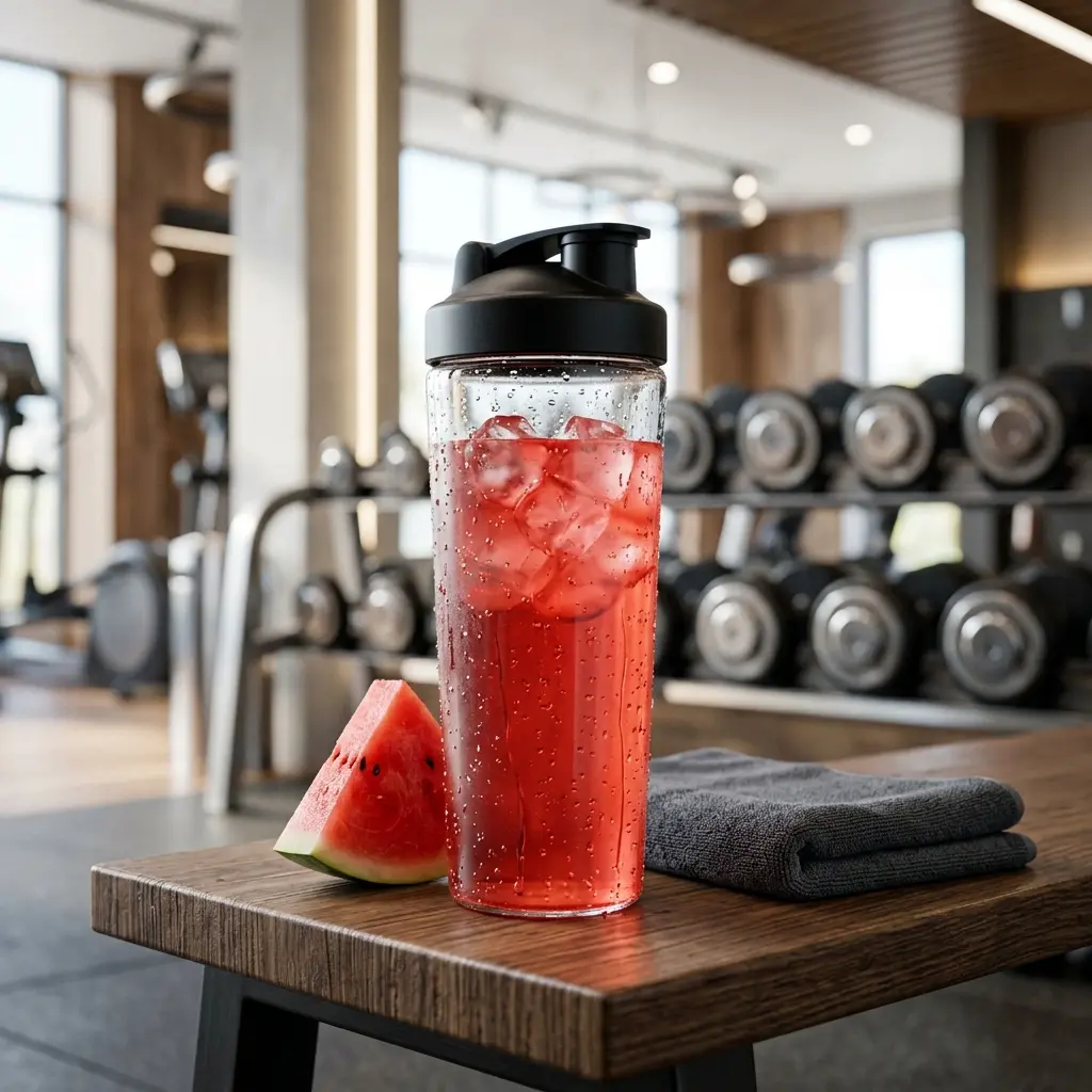 Vaso de Pre Sport preparado en un gimnasio listo para beber antes de entrenar.
