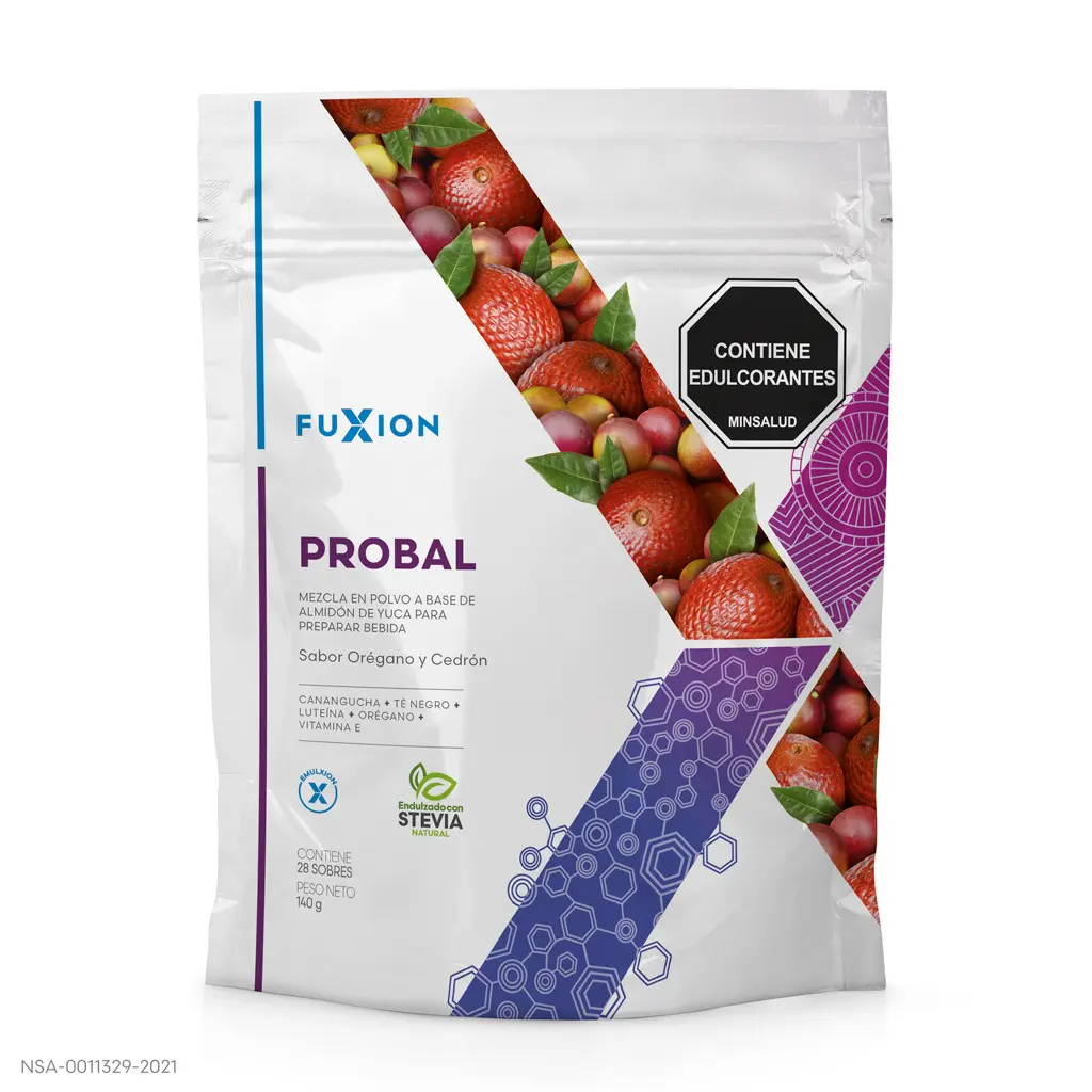 Caja y sobres oficiales de Probal de FuXion, té herbal para el equilibrio hormonal.