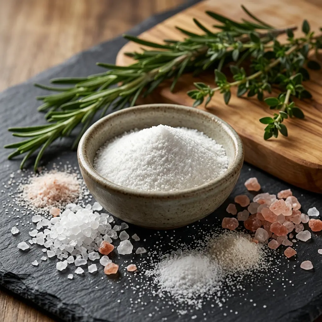 Bodegón culinario de ingredientes de Probix: sales naturales purificadas y especias limpias.
