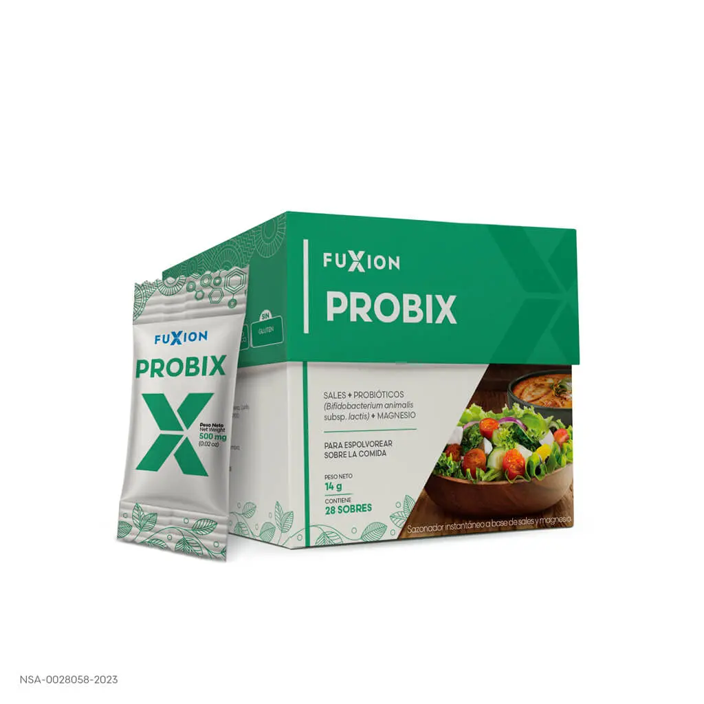Caja y sobres oficiales de Probix de FuXion, sazonador probiótico para comidas.