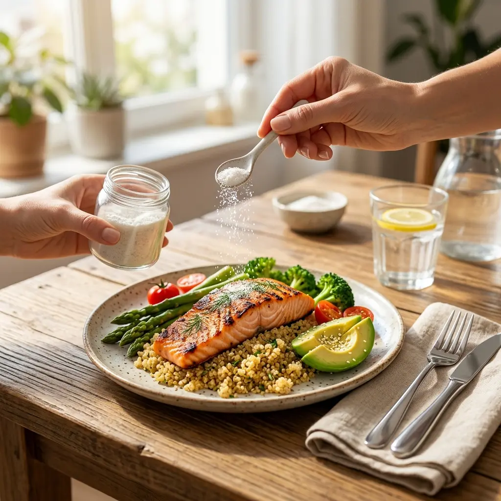 Espolvoreando Probix sobre un almuerzo caliente para regular el metabolismo sin alterar el sabor.
