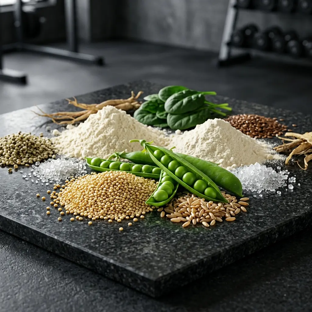 Bodegón de proteína deportiva limpia: proteínas vegetales de alta absorción y BCAA.