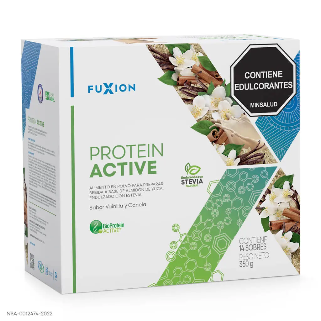 Caja y empaque oficial de Protein Active Sport de FuXion, batido de hipertrofia muscular.