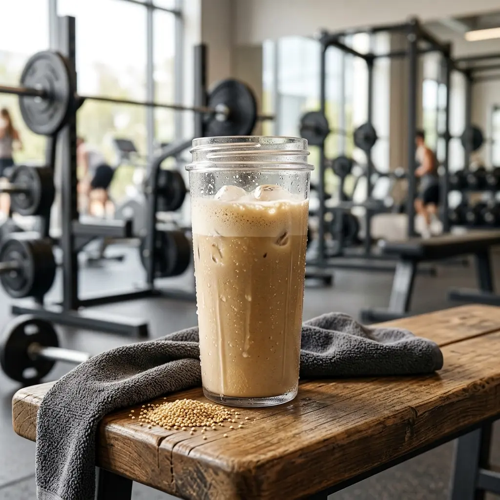 Batido de Protein Active Sport en shaker listo para consumir después del entrenamiento.