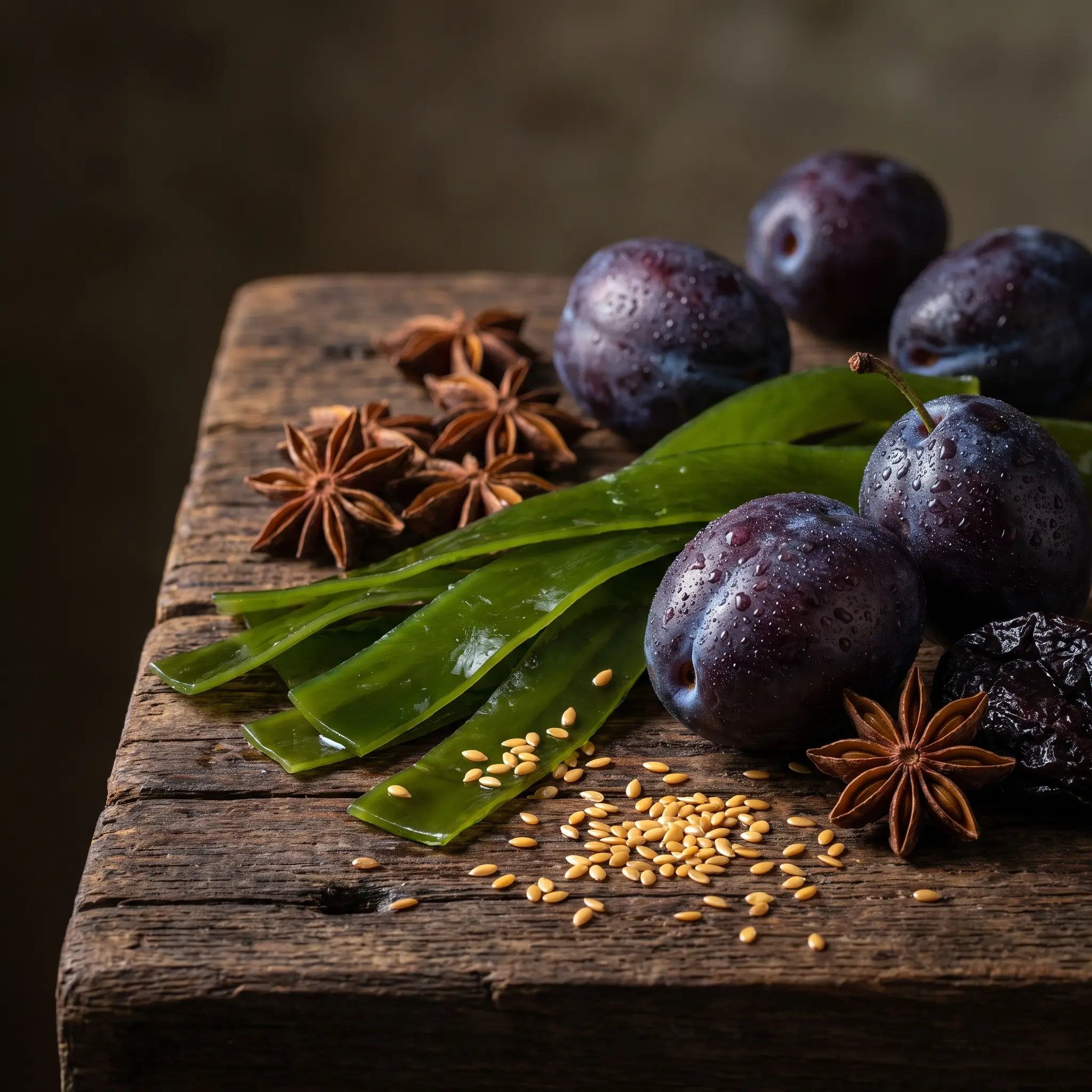 Bodegón de ingredientes naturales de Prunex 1: ciruelas pasas, alga kelp, anís estrellado y linaza.