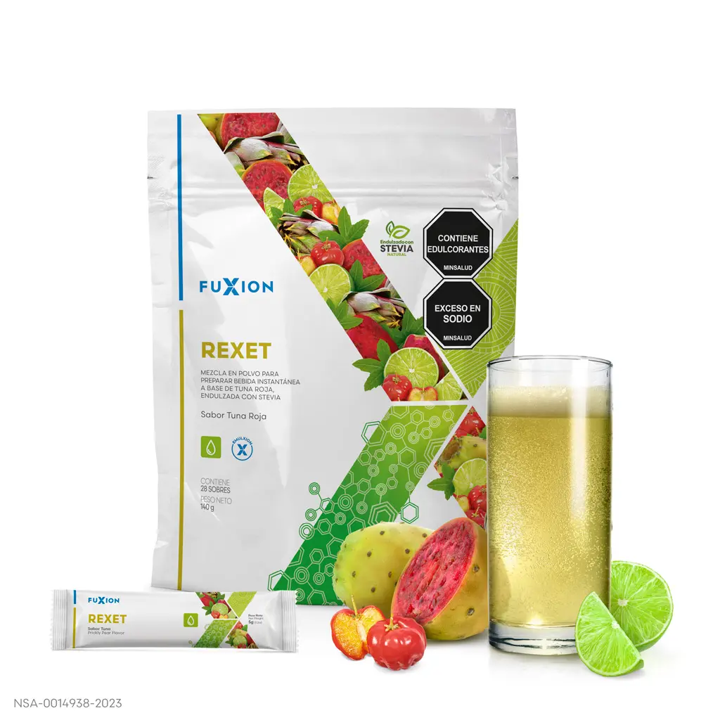 Vaso de Rexet preparado efervescente con sabor a tuna, ideal para la depuración hepática.