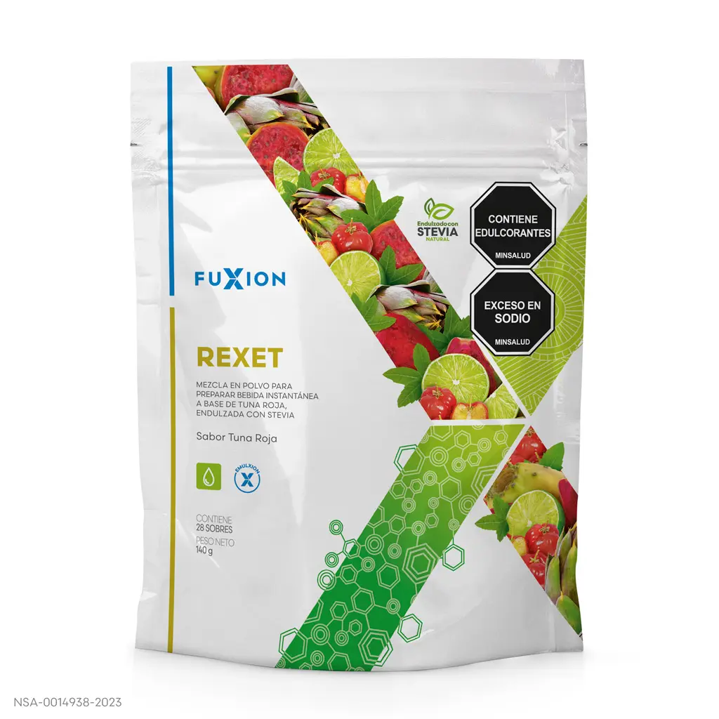 Caja y sobres oficiales de Rexet de FuXion, bebida efervescente para el hígado.