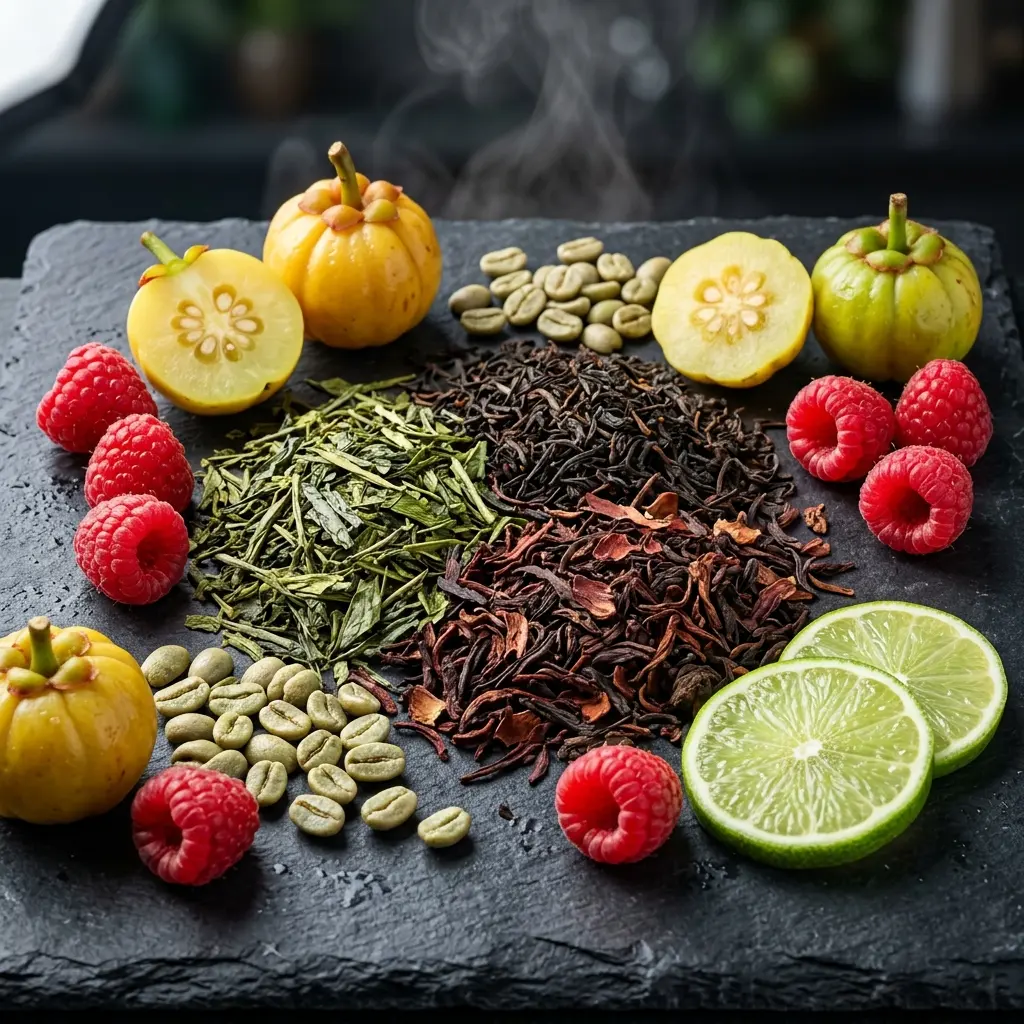 Bodegón de ingredientes naturales de Thermo T3: hojas de té verde, té rojo, limón y tamarindo malabar.