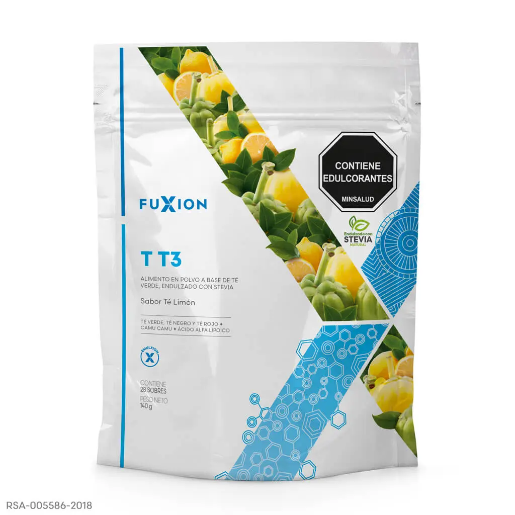 Caja y sobres oficiales de Thermo T3 de FuXion, té quemador de grasa.