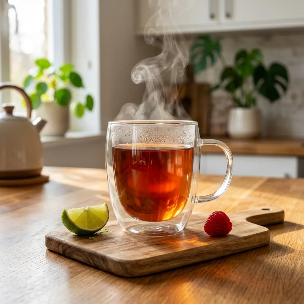 Taza de Thermo T3 caliente servida antes de salir a entrenar o hacer ejercicio en la mañana.