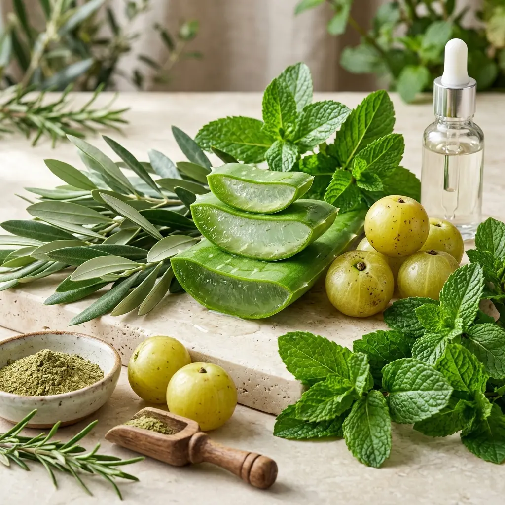 Bodegón botánico de ingredientes de Vera+: penca de aloe vera, hojas de olivo, camu camu y menta fresca.