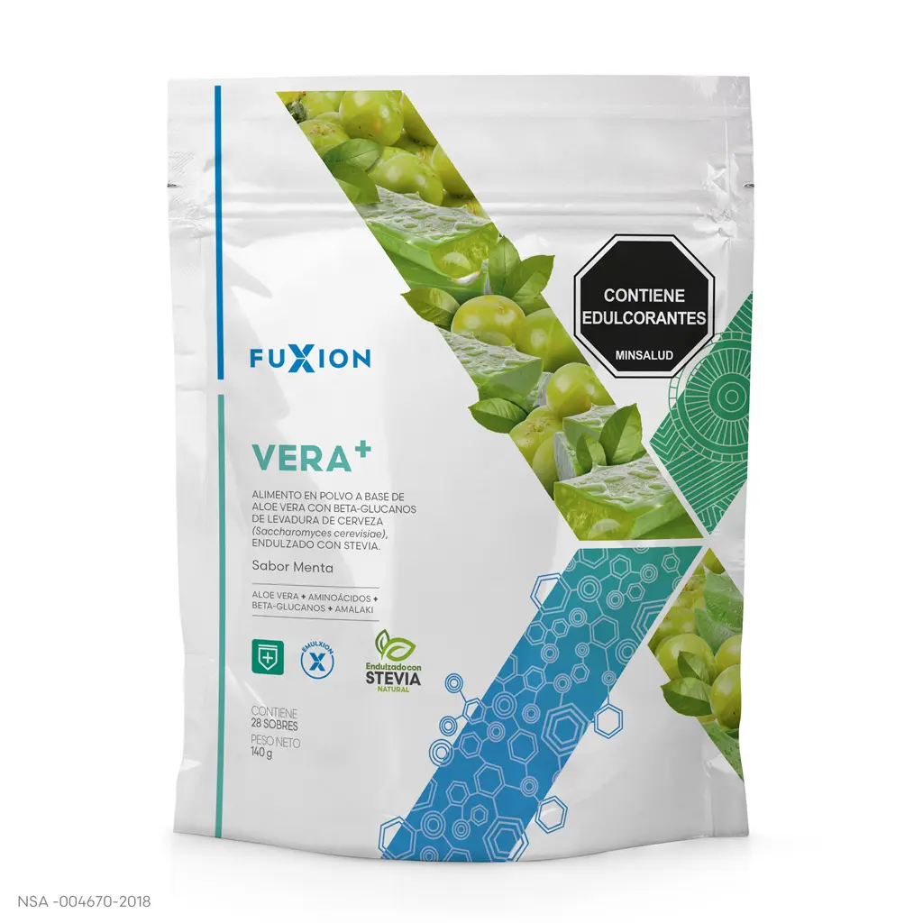 Caja y sobres oficiales de Vera+ de FuXion, bebida para defensas y vías respiratorias.