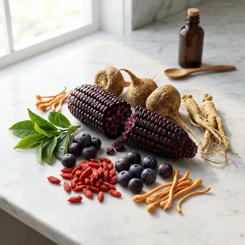 Bodegón de ingredientes de Vita Xtra T+: mazorca de maíz morado, bayas de acai, maca andina y cordyceps.