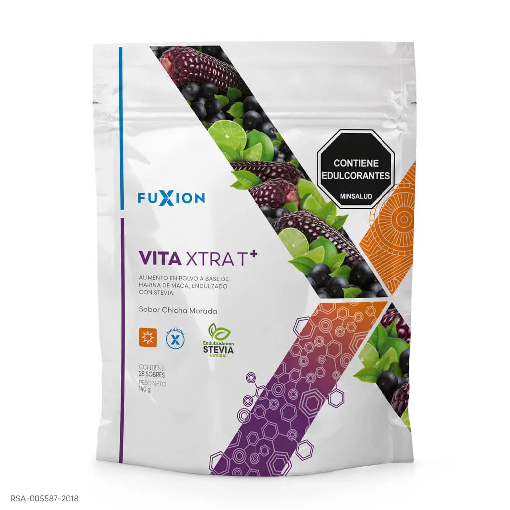 Caja y sobres oficiales de Vita Xtra T+ de FuXion, bebida energizante natural.