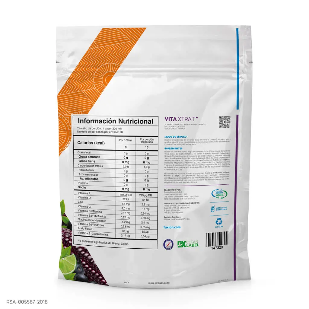 Ingredientes naturales de Vita Xtra T+: maíz morado, té verde, cordyceps, maca y acai.