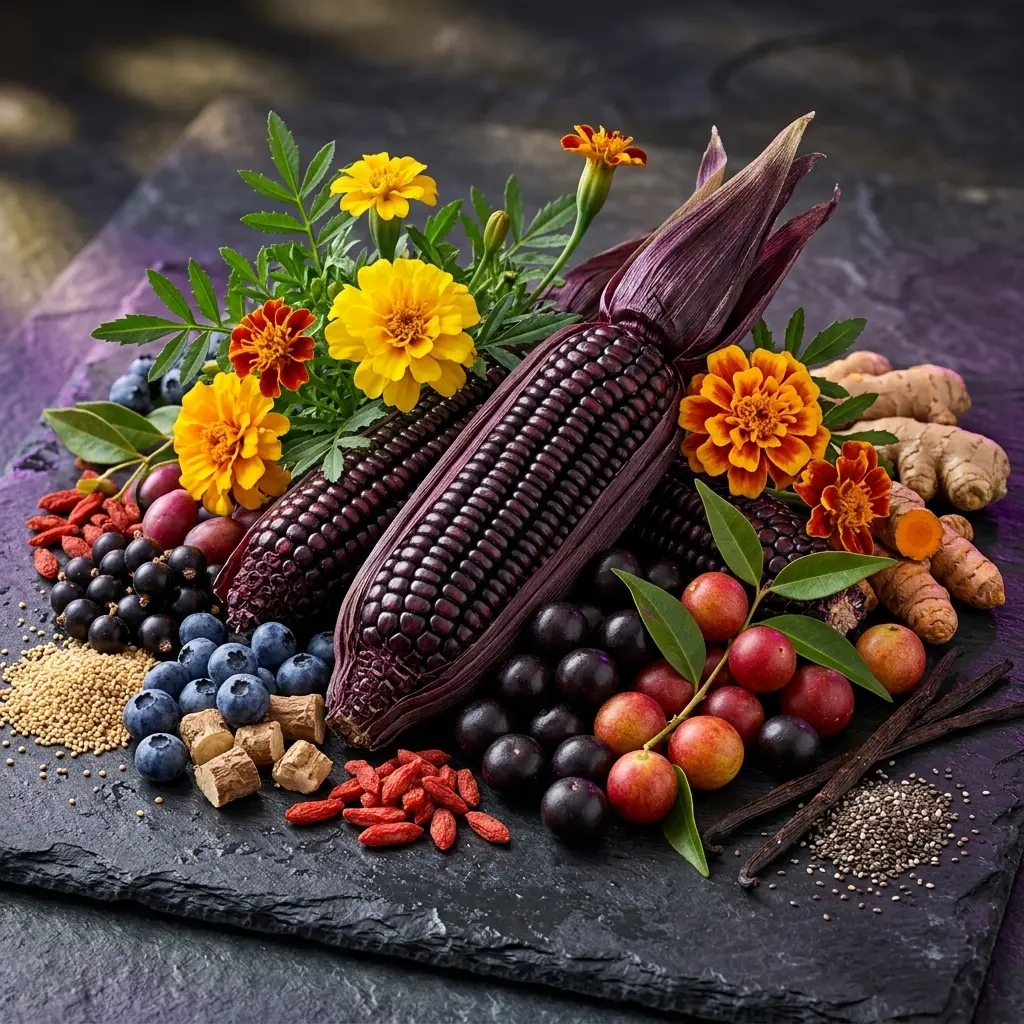 Bodegón antioxidante de Vitaenergía: maíz morado andino, acai y camu camu.