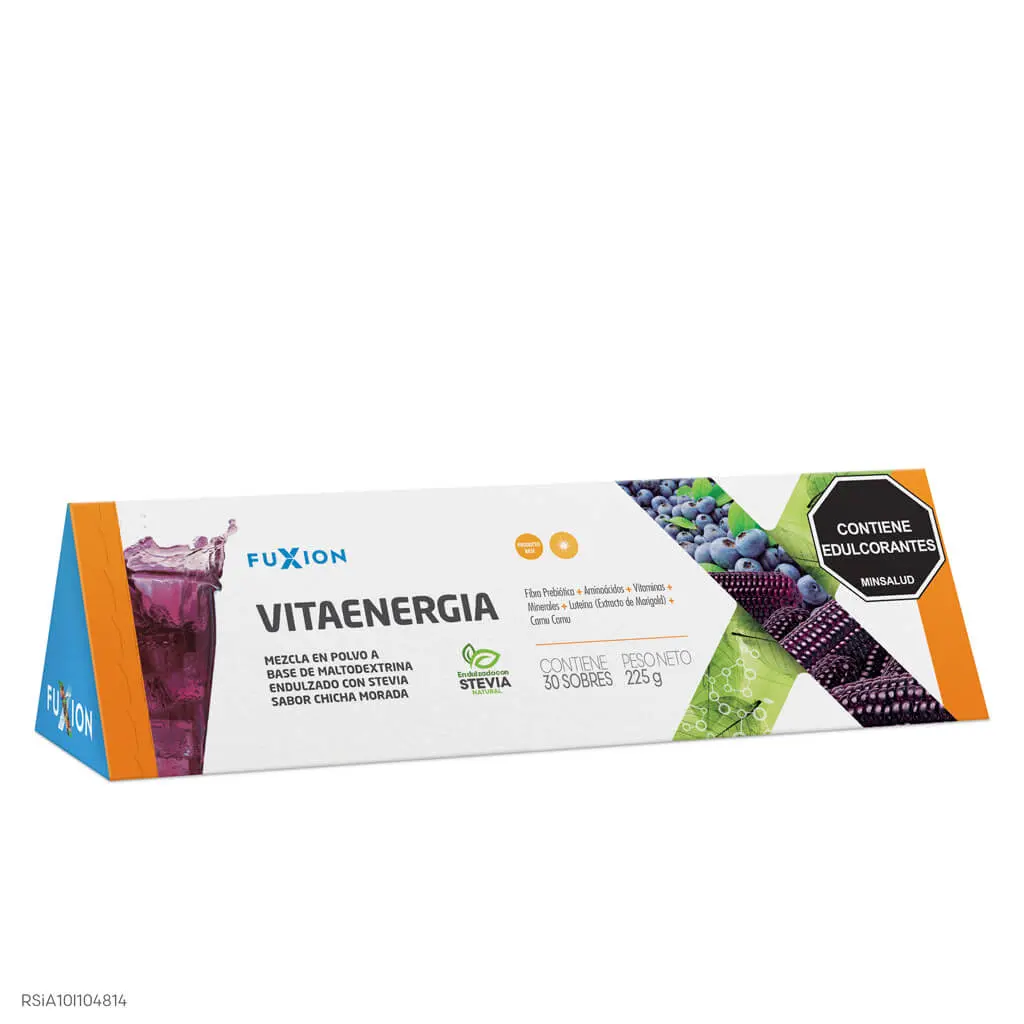 Caja y sobres oficiales de Vitaenergía de FuXion, multivitamínico natural.