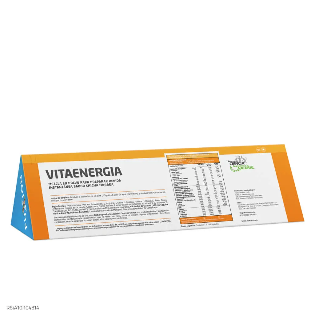 Ingredientes naturales de Vitaenergía: maíz morado, camu camu y flor de marigold.