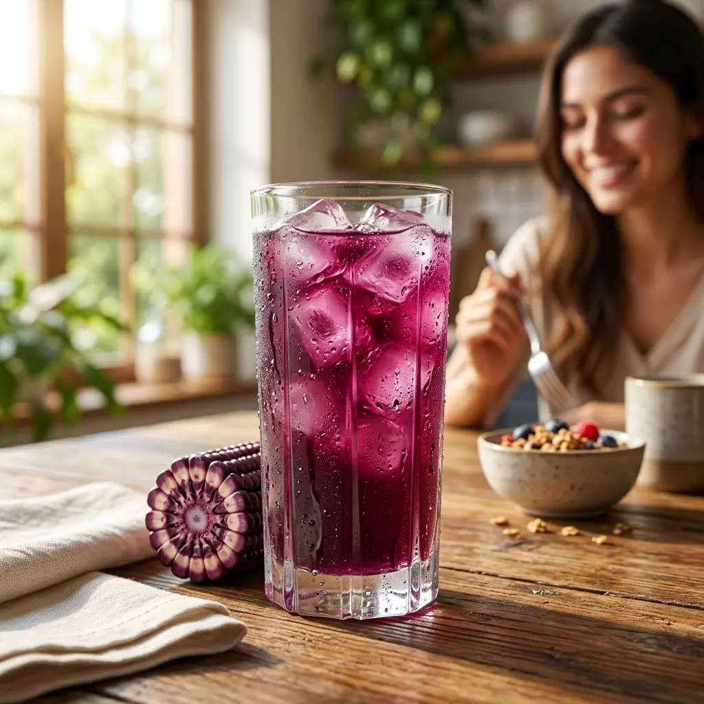 Vaso de Vitaenergía servido en la mesa durante un desayuno nutritivo familiar.